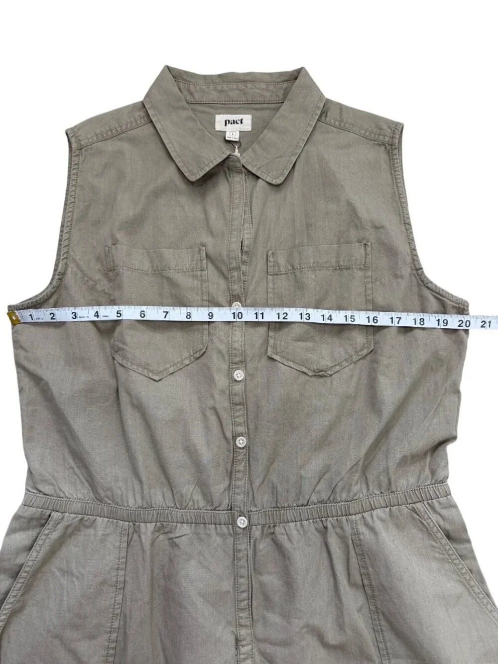 Pact Womens Size L Sleeveless Romper Button-Up Organic Cotton In Khaki NEW - Picture 6 of 8